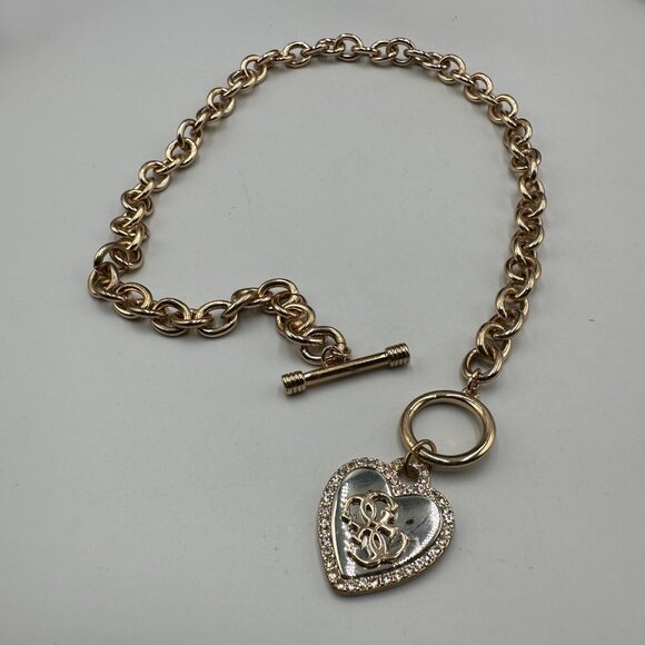 Guess Necklace Rose Gold Heart Pendant Rhinestone Logo Toggle Chain Y2K 20" - Picture 8 of 9